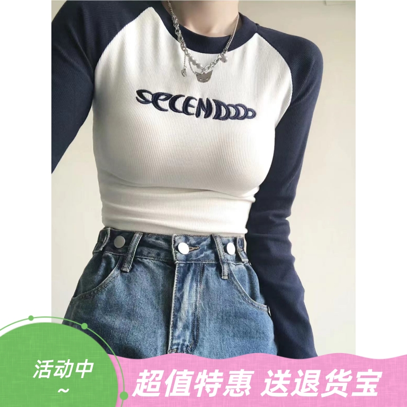 美式复古插肩T恤长袖打底衫