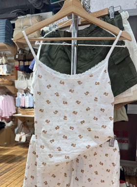 Brandy Girl美式复古小熊印花蕾丝吊带背心bm修身显瘦百搭上衣女