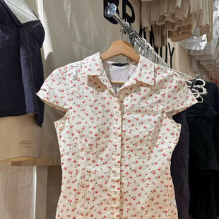 Brandy Girl美式复古辣妹碎花翻领短袖衬衫bm风修身显瘦百搭上衣