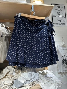 Brandy Girl美式复古深蓝色碎花系带半身裙bm高腰性感A字裙短裙女