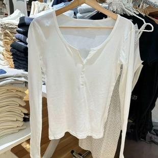 T恤bm简约修身 复古六粒扣圆领纯棉长袖 百搭上衣女 Girl美式 Brandy