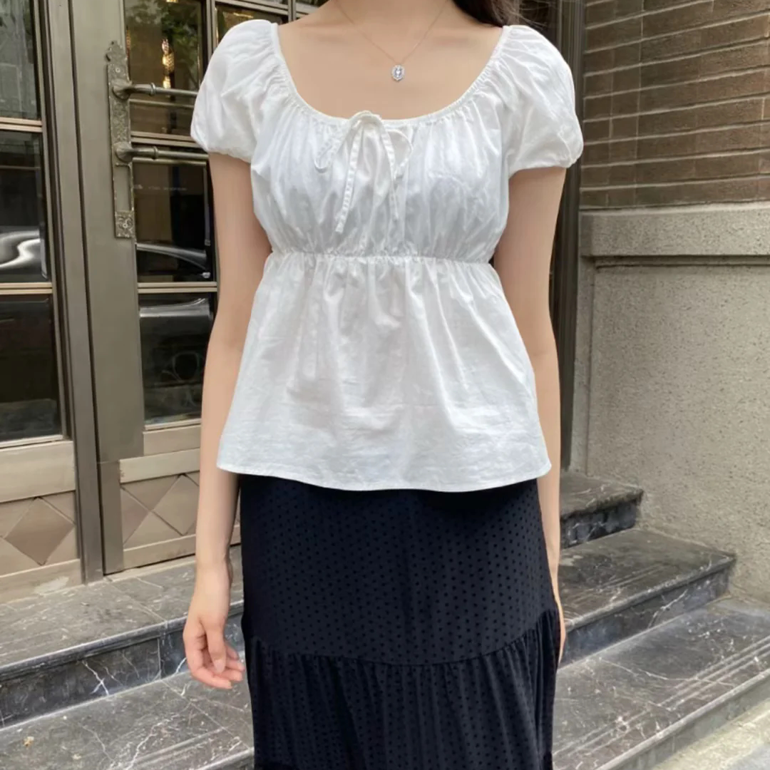 Brandy Girl美式复古辣妹白色系带收腰短款娃娃衫bm一字领短袖女