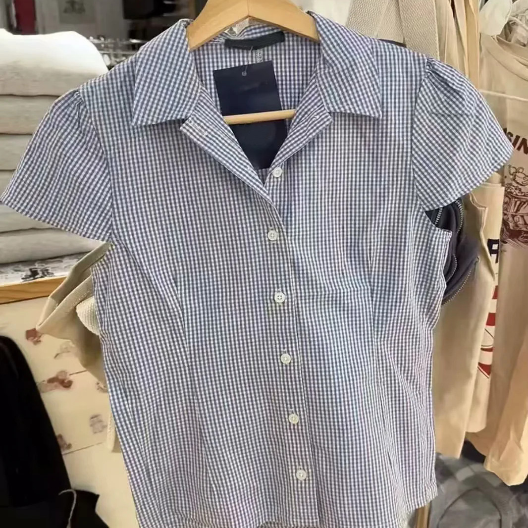 Brandy Girl美式复古格子翻领纽扣短袖衬衫bm风修身显瘦上衣女夏