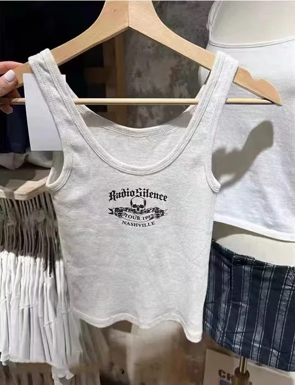 Brandy Girl美式复古骷髅头字母印花背心bm高腰显瘦性感辣妹上衣