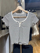 复古条纹三粒扣短袖 Brandy Girl美式 T恤bm风高腰辣妹显瘦上衣女潮