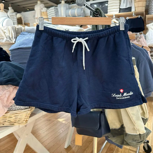Brandy Girl美式复古藏青刺绣字母短裤bm风宽松休闲百搭运动裤女
