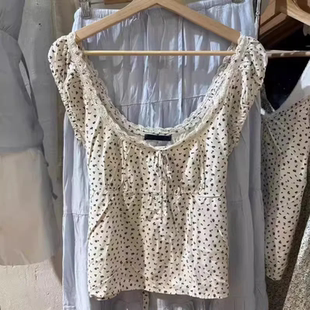 Brandy Girl美式复古碎花系带收腰短袖衬衫bm纯欲风百搭上衣女