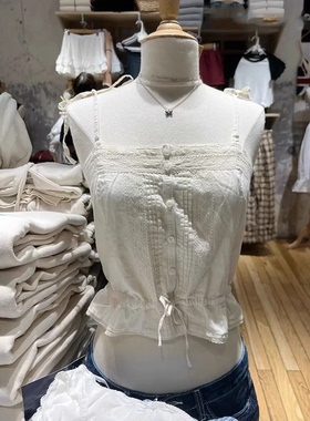 Brandy Girl美式复古蕾丝排扣系带收腰吊带衫bm高腰显瘦辣妹上衣