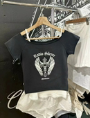 复古十字架翅膀印花毛边短袖 Brandy Girl美式 T恤bm高腰露脐上衣女