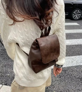 Brandy 复古棕色皮革双肩包bm风休闲迷你背包小型包包女 Girl美式