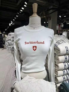 T恤bm修身 复古Switzerland字母印花长袖 显瘦上衣 Girl美式 Brandy