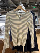 Girl美式 复古条纹三粒扣修身 长袖 Brandy T恤bm打底衫 拼接领上衣女