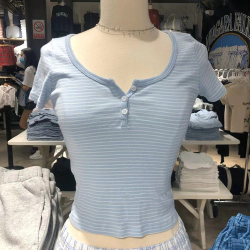 Brandy Girl官网Zelly top条纹上衣女bm风三粒扣纯棉短袖t恤in