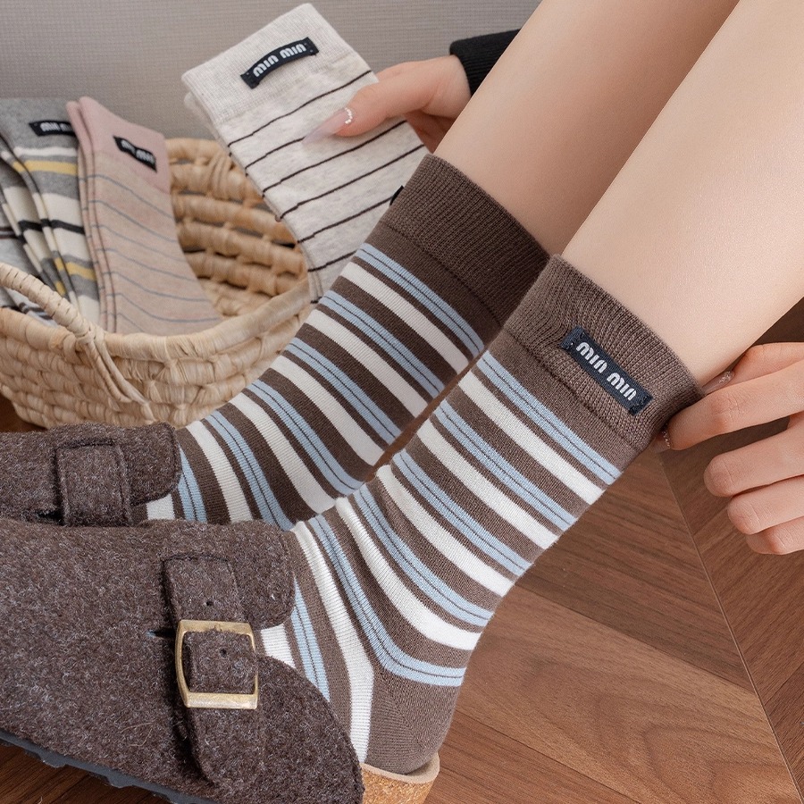 咖色条纹袜子女堆堆袜秋冬季纯棉miu系中筒袜配勃肯鞋穿女士长袜