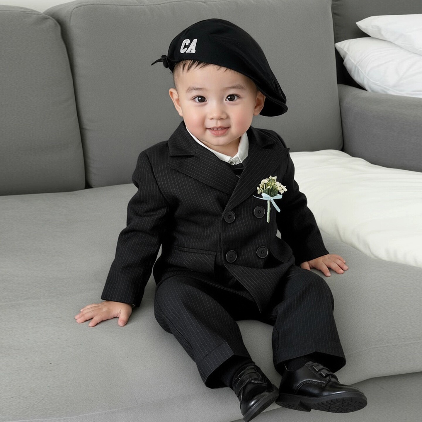 男宝宝周岁礼服秋冬男童西装套装加绒英伦风婴幼儿生日宴花童衣服