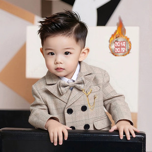 花童男童西装 秋冬加绒男宝宝周岁生日宴礼服帅气小主持人西服 套装