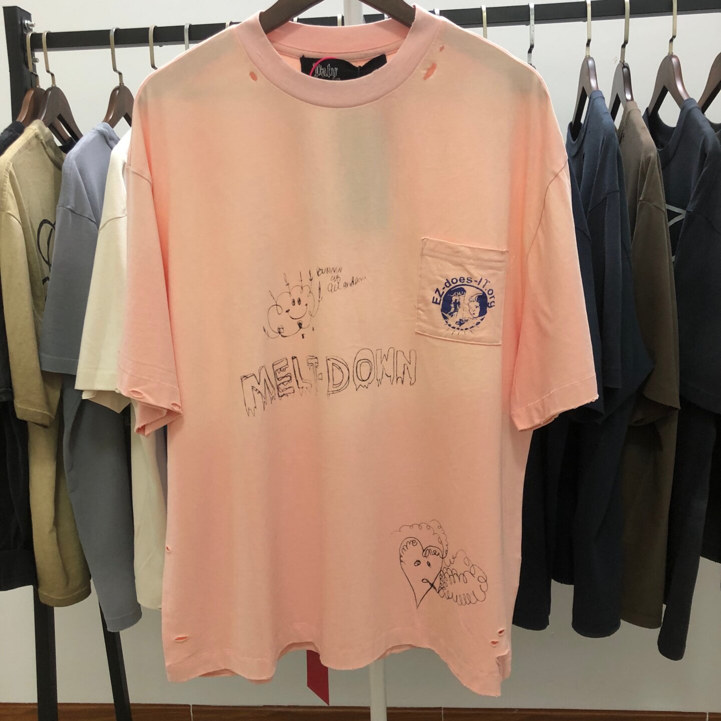 Paly Hollywood口袋芭比粉vintage水洗复古做旧宽松VTG短袖T恤男