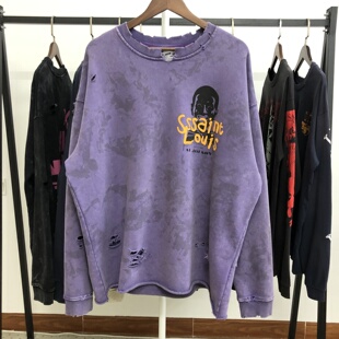 SSSAINT LOUIS美式复古字母印花黑面领口撕裂做旧圆领卫衣男潮