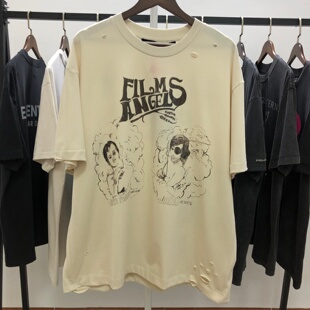 26新款Paly Hollywood设计感男士情侣涂鸦印花水洗做旧短袖T恤夏