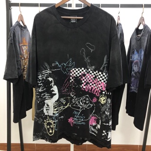 Saint Michael Cho美式潮牌街头手绘涂鸦风格男士情侣纯棉短袖T恤