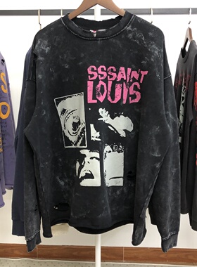 SSSAINT LOUIS美式高街logo抽象喷绘黑色倒置标语做旧圆领卫衣潮