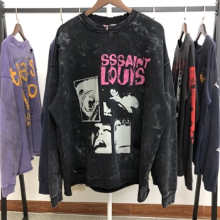 SSSAINT LOUIS美式高街logo抽象喷绘黑色倒置标语做旧圆领卫衣潮