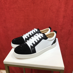 欧美新款黑白板鞋拼色彩钉休闲系带潮鞋圆头水钻低帮鞋烫钻平底鞋