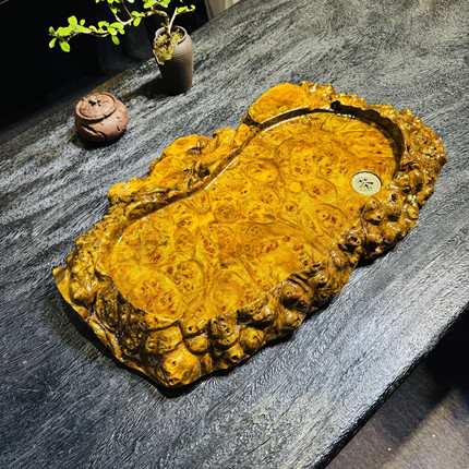 黄金樟实木满榴花360度自然边聚宝盆家居轻奢湿泡茶盘58×36×7