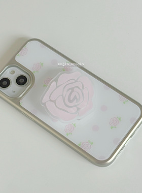韩系ins风简约气质少女心粉色玫瑰支架碎花波点手机壳iphone17/16/15promax/14银边全包苹果手机壳保护套