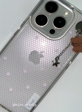 韩系ins风甜美少女心星星网格纹小猫挂件适用于iPhone17/16promax/15/14pro/13全包韩版高透亚克力防摔手机壳