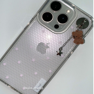 韩系ins风甜美少女心星星网格纹小猫挂件适用于iPhone17/16promax/15/14pro/13全包韩版高透亚克力防摔手机壳