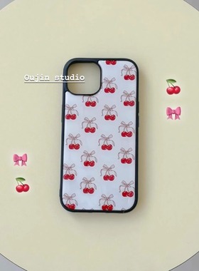 韩国ins小众甜美温柔气质红色樱桃蝴蝶结丝带玻璃壳手机壳适用iphone15promax/14新款15pro女15手机壳12/13