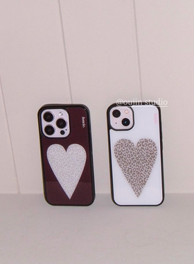韩系ins小众设计高级复古豹纹爱心苹果手机壳适用于iphone17promax/15pro/14/13/16黑边硬壳保护套高级感简约