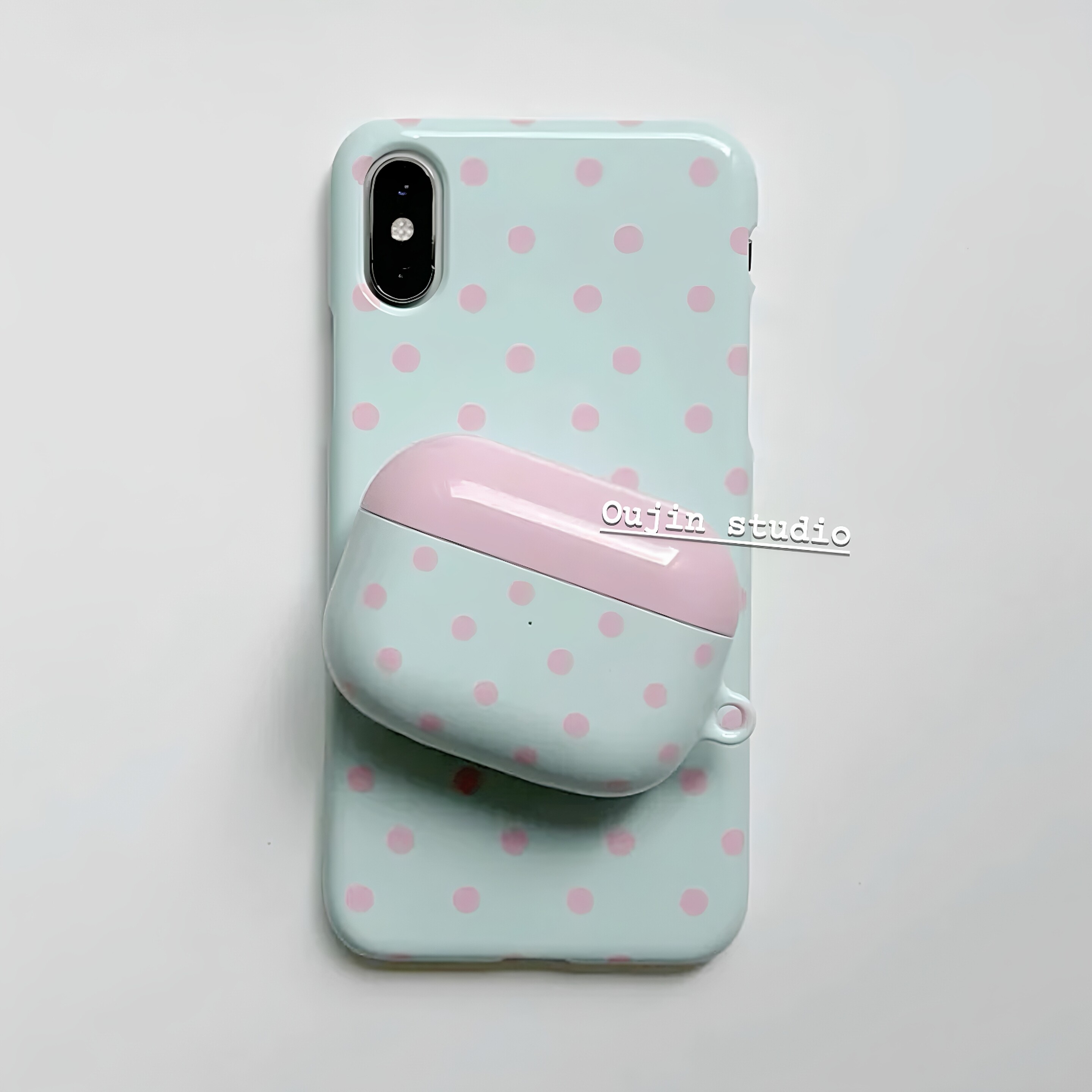 韩国进口涂层菲林粉拼薄荷绿波点airpods保护套适用苹果airpods1/2/3代pro2少女撞色圆点蓝牙耳机壳亮面硬壳