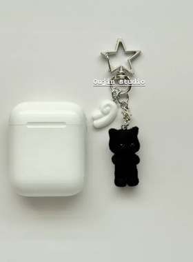 韩系ins超可爱软萌黑色植绒猫咪翅膀手机挂件airpods挂饰CCD吊坠