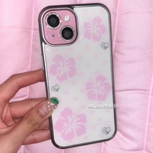 韩系ins风小众简约高级感少女心粉色爱心扶桑花砖石印花壳iphone16promax/15pro/14/13银边滴胶苹果手机壳