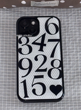苹果韩系ins风简约高级感黑白波点爱心数字少女心小众设计iphone16promax/15pro/14/13pro亚克力黑边手机壳套