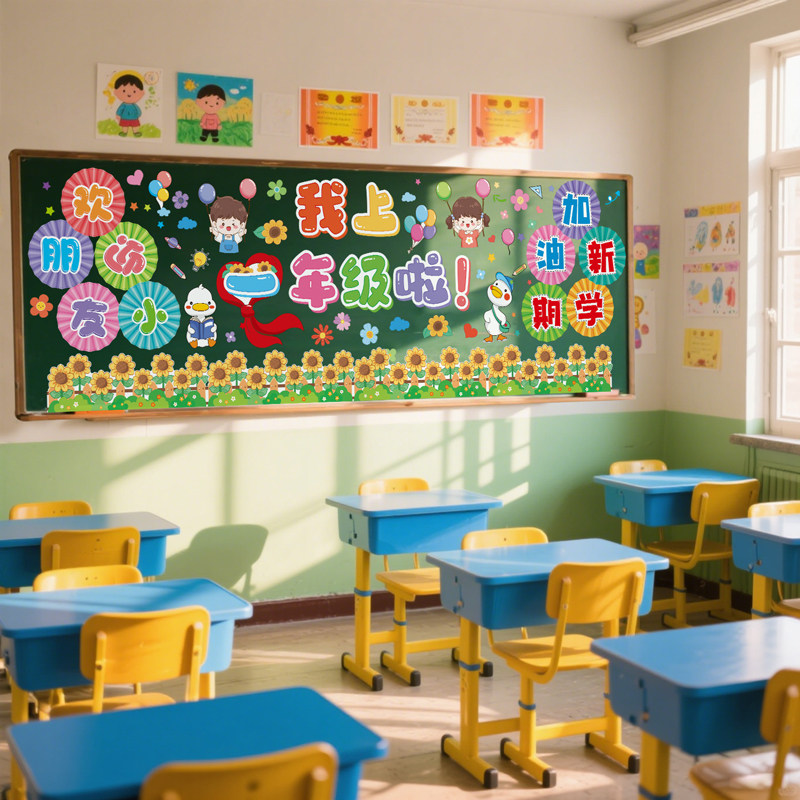 开学季新学期一年级黑板报装饰教室布置贴画班级文化建设材料贴纸