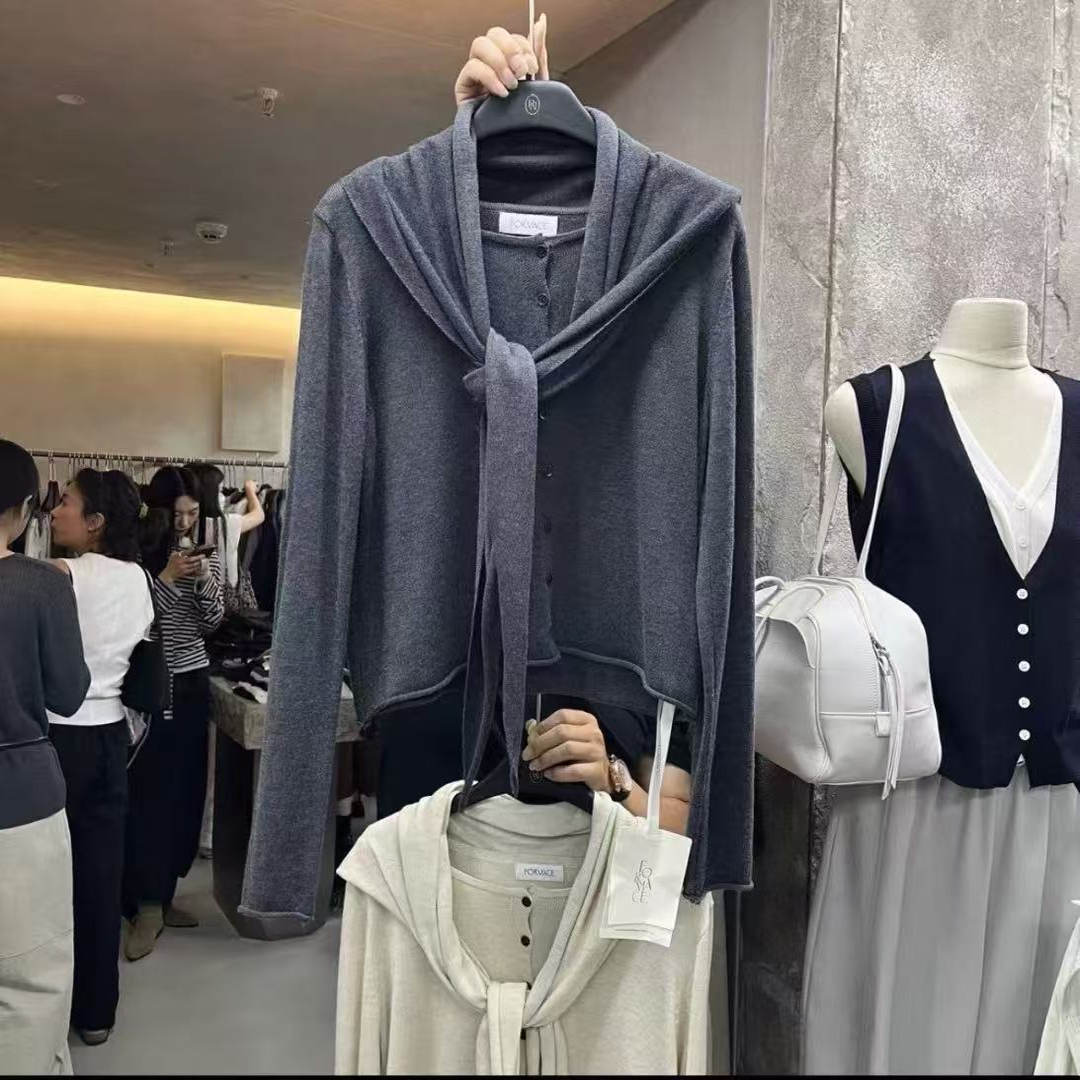 RN2025韩系围巾领造型设计精纺羊毛针织开衫女秋季新款打底毛衣