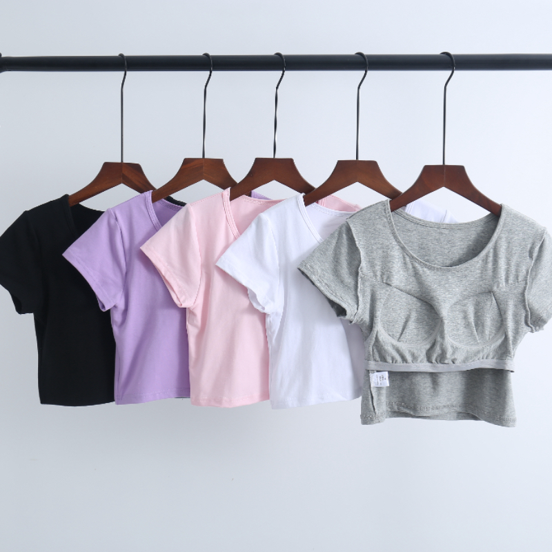 纯棉带胸垫罩杯一体露脐短袖T恤