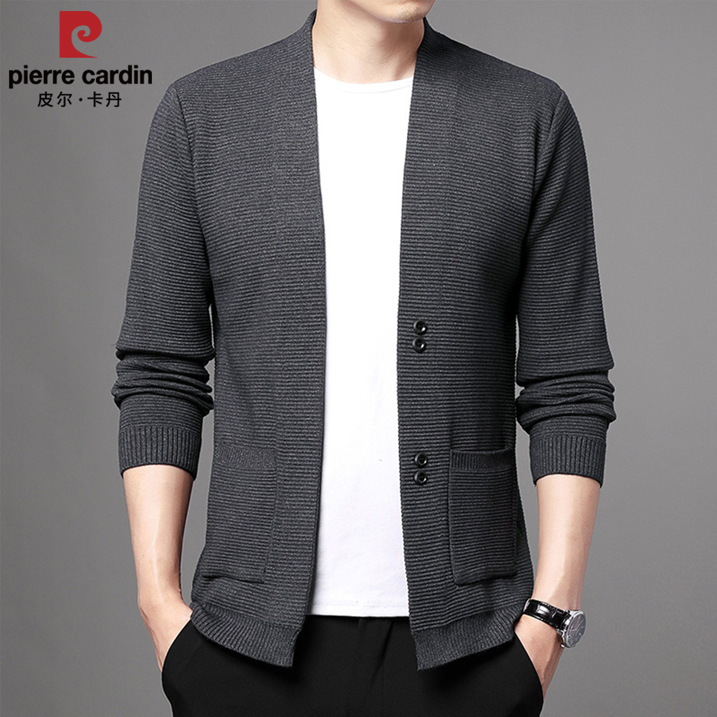 皮尔卡丹针织短袖开衫韩版简约2025秋冬季新款百搭男士毛衣外套