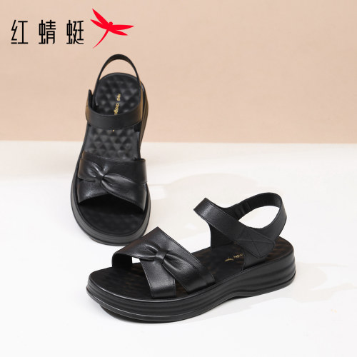 红蜻蜓女鞋夏季新款平底凉鞋真皮厚底舒适防滑中老年妈妈皮凉鞋