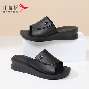 红蜻蜓女鞋牛皮坡跟凉拖夏季新款外穿拖鞋时尚真皮厚底妈妈一字拖