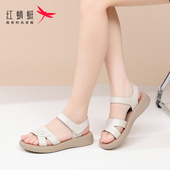 红蜻蜓妈妈凉鞋 一字带女鞋 平底防滑中老年真皮软底2025夏季 新款