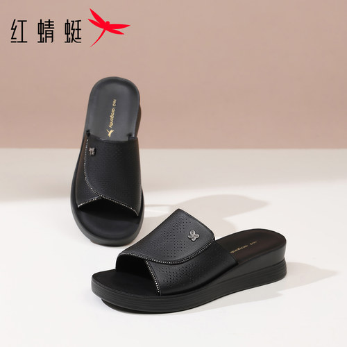 红蜻蜓女鞋夏季坡跟凉拖鞋真皮舒适软底外穿时尚妈妈一字拖凉鞋