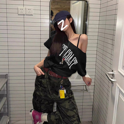纯棉辣妹一字斜肩短袖t恤女夏季2025新款宽松慵懒风露肩别致上衣