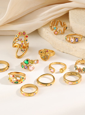 欧美跨境ins彩钻花朵轻奢气质手饰不锈钢镀18K金水滴波浪个性戒指