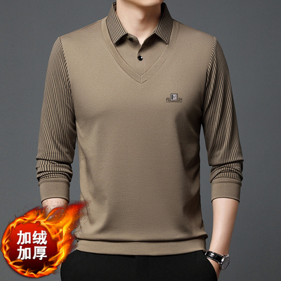 冬季加绒加厚毛衣男中年条纹长袖