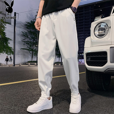 花花公子男士裤子潮牌宽松束脚九分裤秋季新款白色运动休闲长裤男
