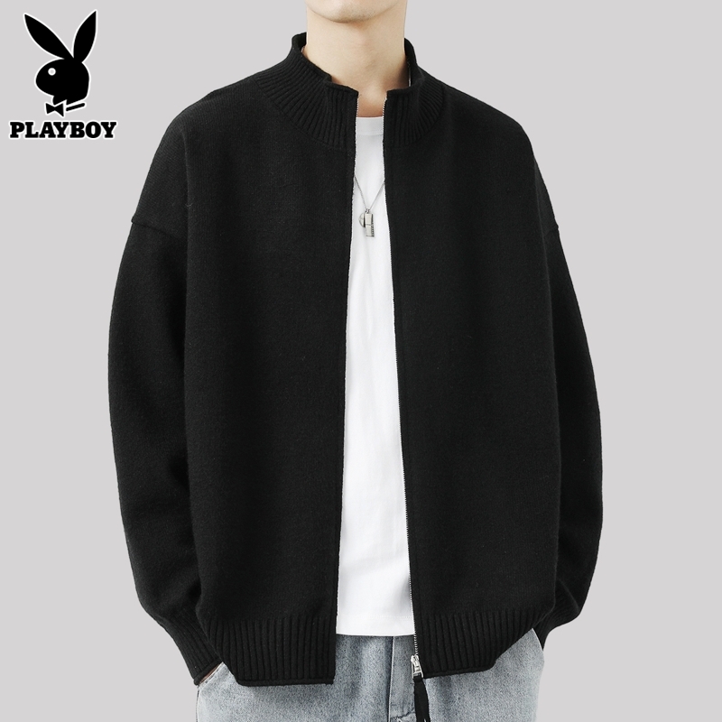 花花公子立领开衫毛衣男士潮流休闲纯色针织衫秋冬季百搭线衣外套